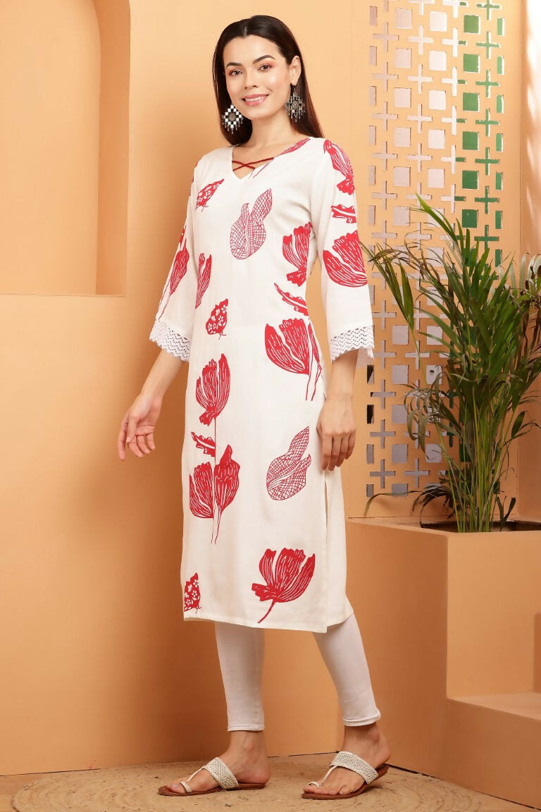 Cheera Women Stylish Hand Block Printed Cotton Blend Flared Kurta - Off White | Grocsy