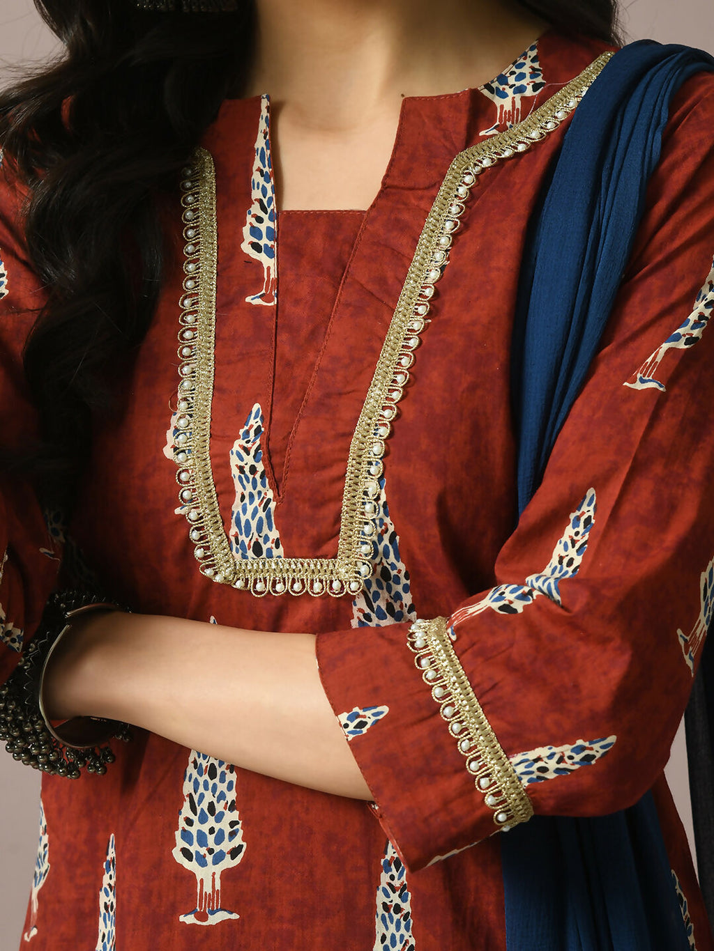 Myshka Women's Rust Printed Cotton Straight Party Kurta Set With Dupatta | Grocsy