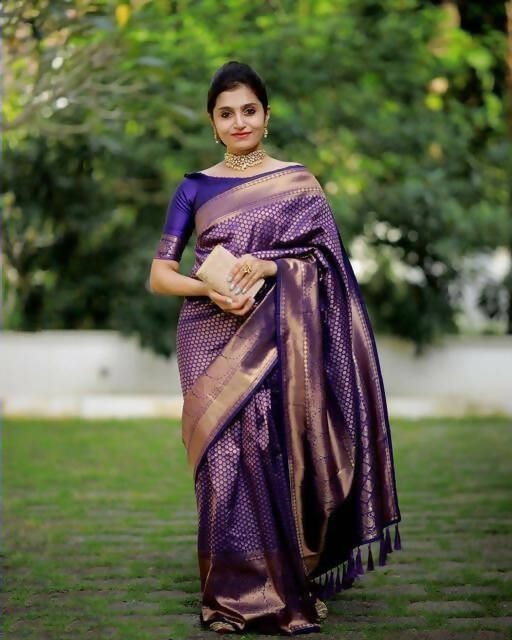 DEIANA'S Beautiful Designer Golden zari Soft Lichi Silk Saree - Purple | Grocsy