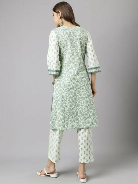 FIORRA Women's Sea Green Cotton A-Line Kurta Set | Grocsy