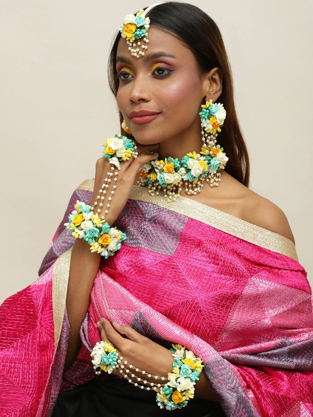 Flower Jewellery Gold-Polished Turquoise Blue Floral Jewellery Set - Ruby Raang | Grocsy