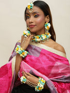 Flower Jewellery Gold-Polished Turquoise Blue Floral Jewellery Set - Ruby Raang | Grocsy