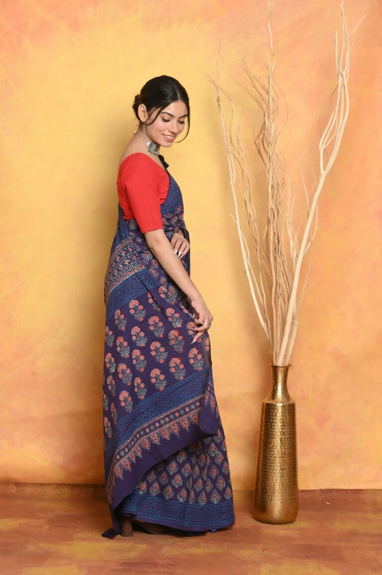 Very Much Indian Handblock Printed Cotton Saree With Natural Dyes - Blue | Grocsy