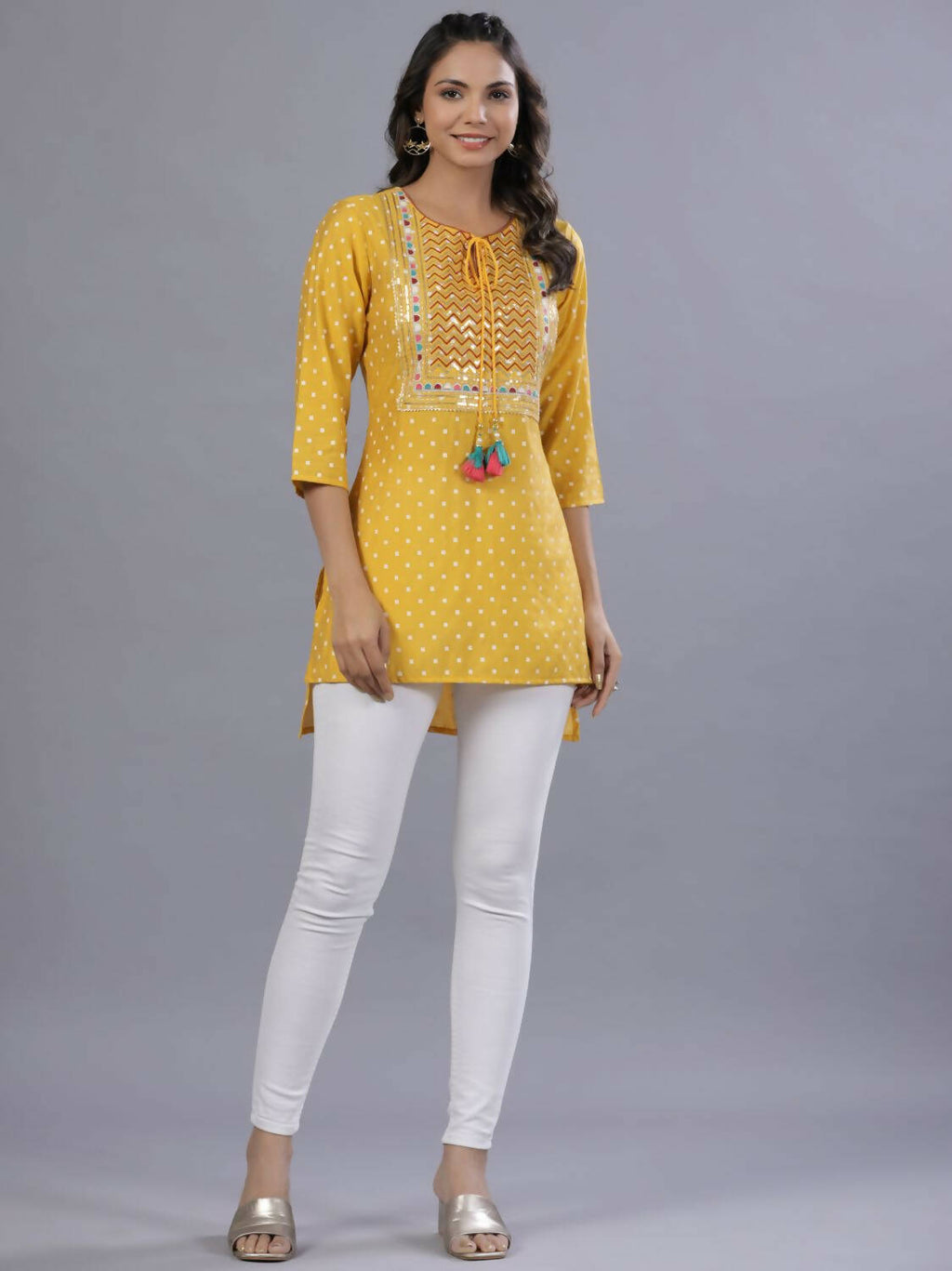 Juniper Women Yellow Muslin Printed High-Low Straight Tunic With Embroidered Yoke | Grocsy