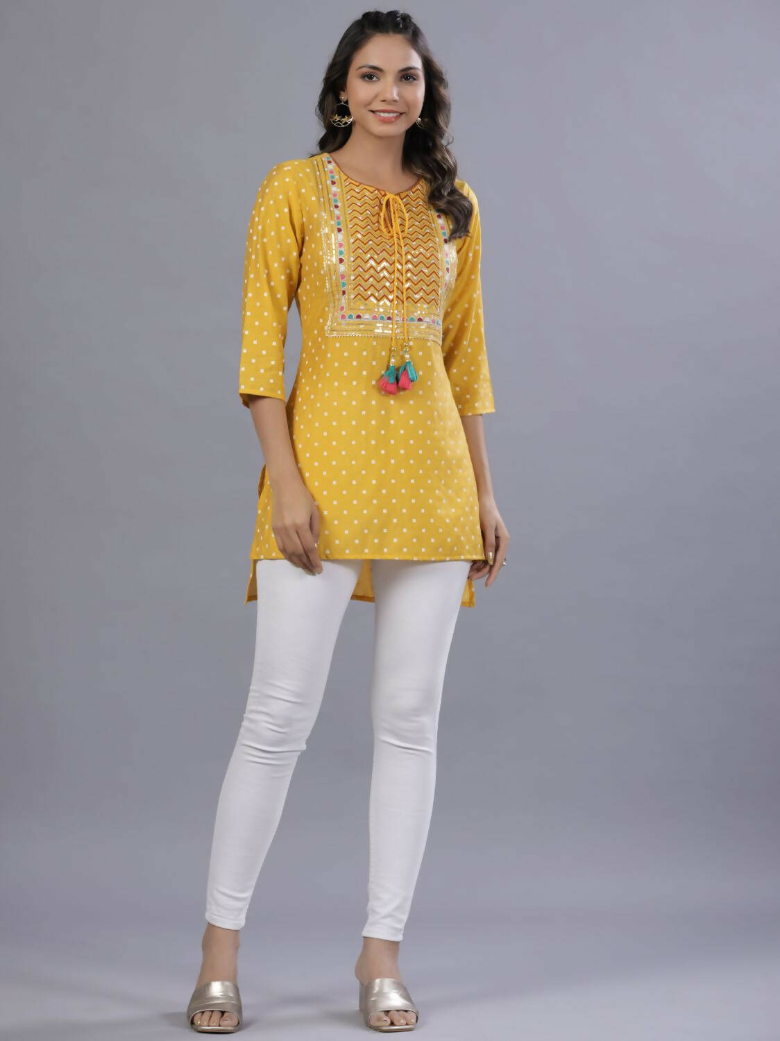 Juniper Women Yellow Muslin Printed High-Low Straight Tunic With Embroidered Yoke | Grocsy