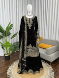 Vastranavya Black Viscose Velvet Cording Sequence With Moti Work Top-Bottom With Dupatta | Grocsy