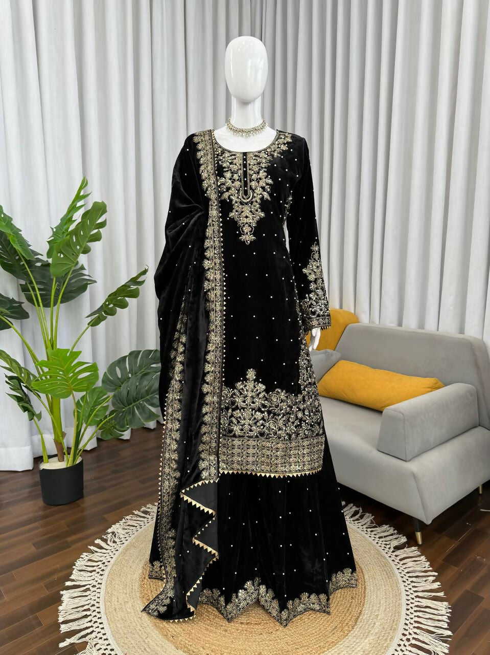 Vastranavya Black Viscose Velvet Cording Sequence With Moti Work Top-Bottom With Dupatta | Grocsy
