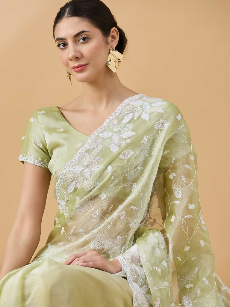 Green Tissue Slub Embroidered Saree with Unstitched Blouse - Vairagi | Grocsy