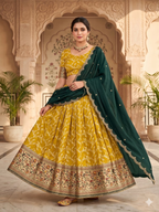 Teeya Creation Traditional Mustard Lehenga Choli Set with Festive Dark Green Embroidered Dupatta | Grocsy