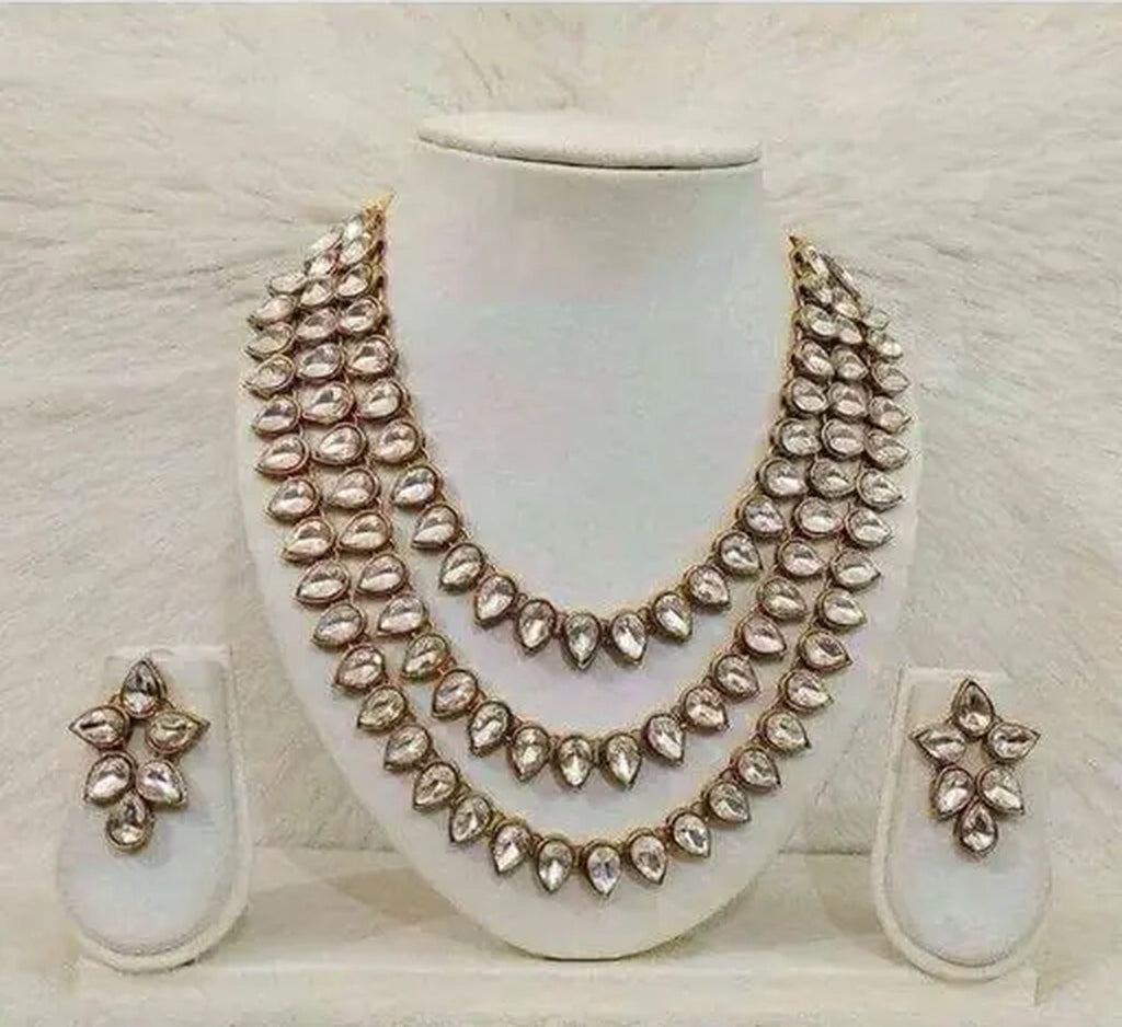 Jewel City Elegant Three-Layer Kundan Crystal Necklace Set | Royal Bridal Wedding Jewelry | Grocsy