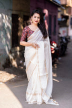 White Silk Blend Kalamkari Saree with Unstitched Blouse - A2M | Grocsy