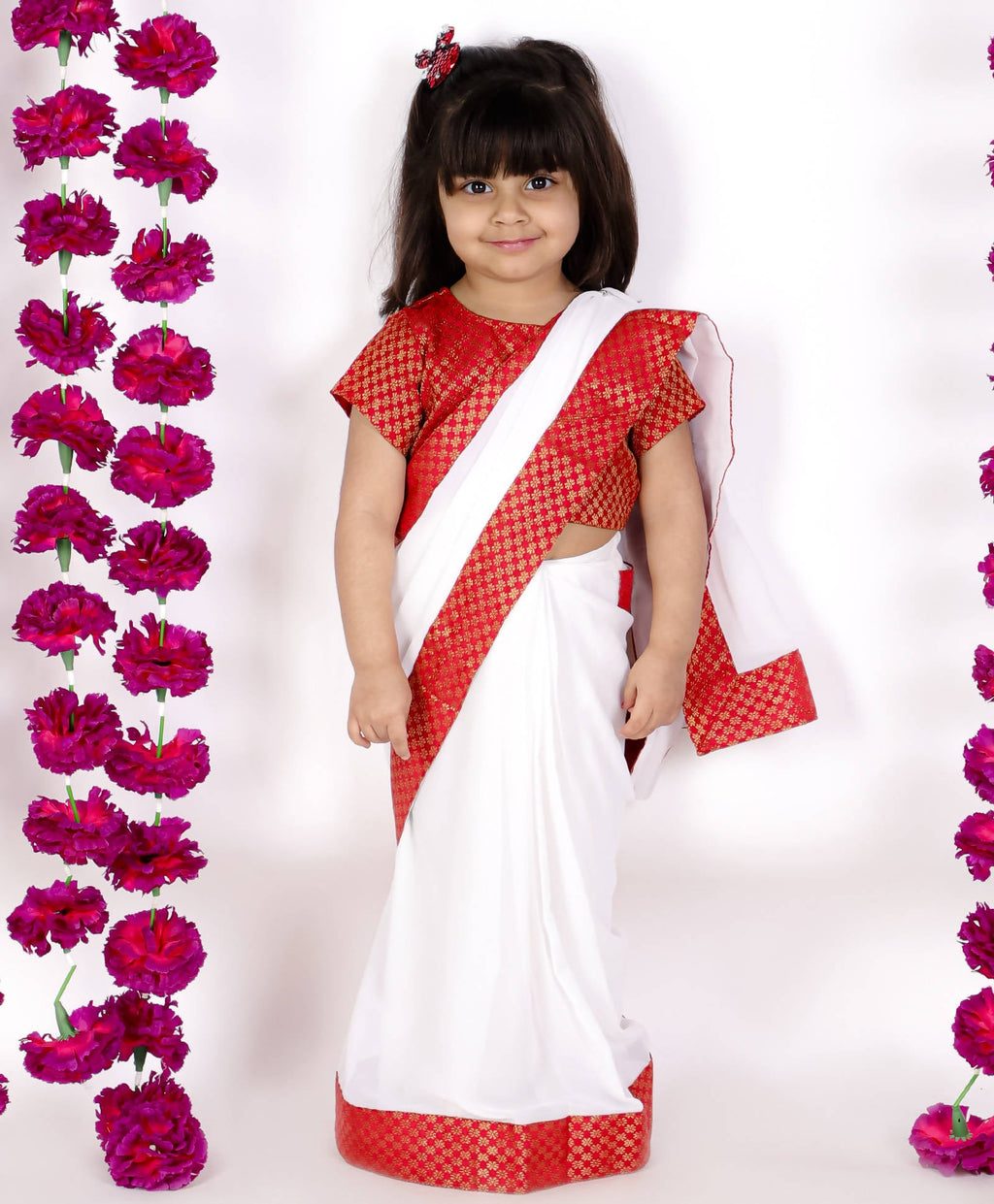 Little Bansi Girls Red And White Color Bengali Saree With Floral Brocade Blouse | Grocsy