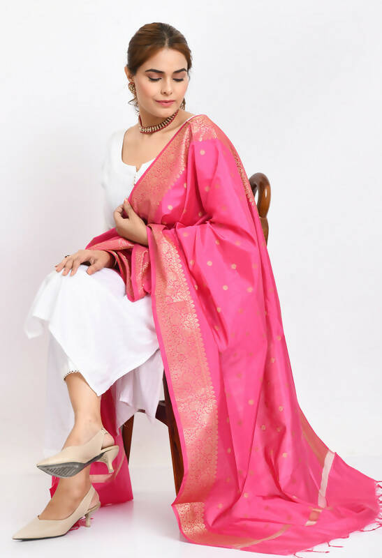 Mominos Fashion Moeza Women's Banarsi Silk Woven Design Pink Dupatta | Grocsy