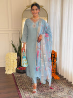 Teeya Creation Light Sky Color Roman Silk Embroidery Work Fully Stitched Kurti Set | Grocsy