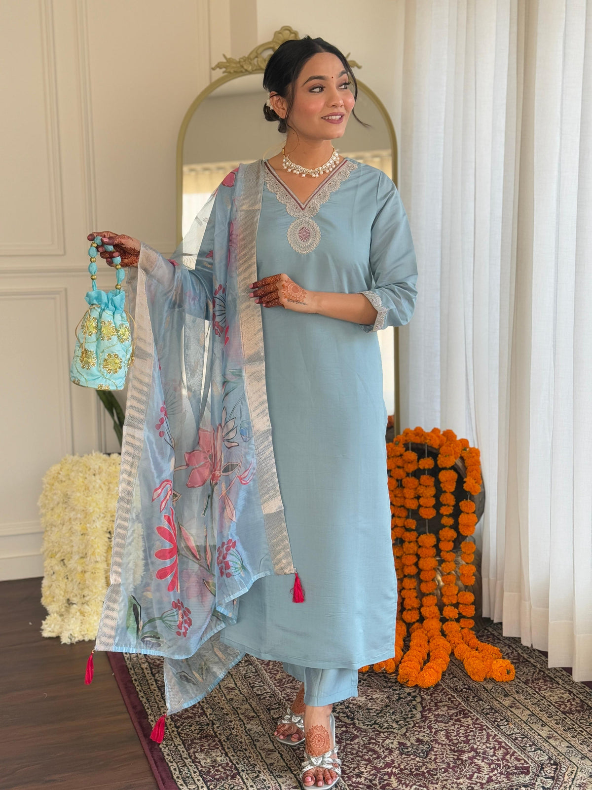 Teeya Creation Light Sky Color Roman Silk Embroidery Work Fully Stitched Kurti Set | Grocsy