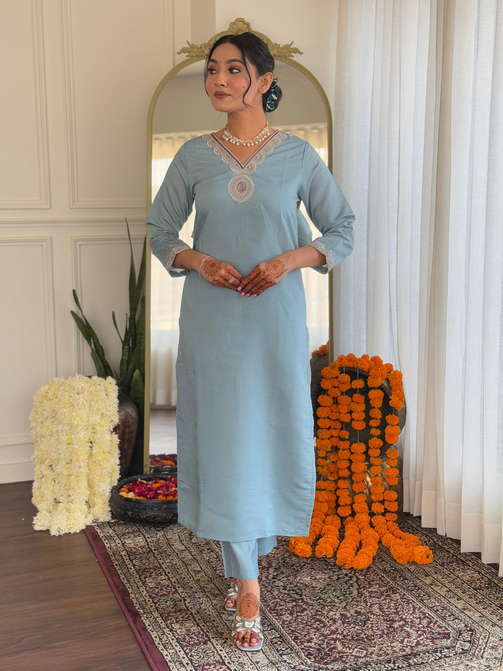 Teeya Creation Light Sky Color Roman Silk Embroidery Work Fully Stitched Kurti Set | Grocsy