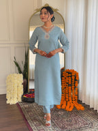 Teeya Creation Light Sky Color Roman Silk Embroidery Work Fully Stitched Kurti Set | Grocsy