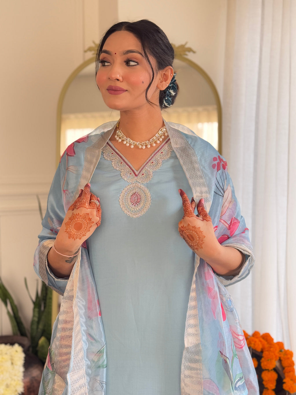 Teeya Creation Light Sky Color Roman Silk Embroidery Work Fully Stitched Kurti Set | Grocsy