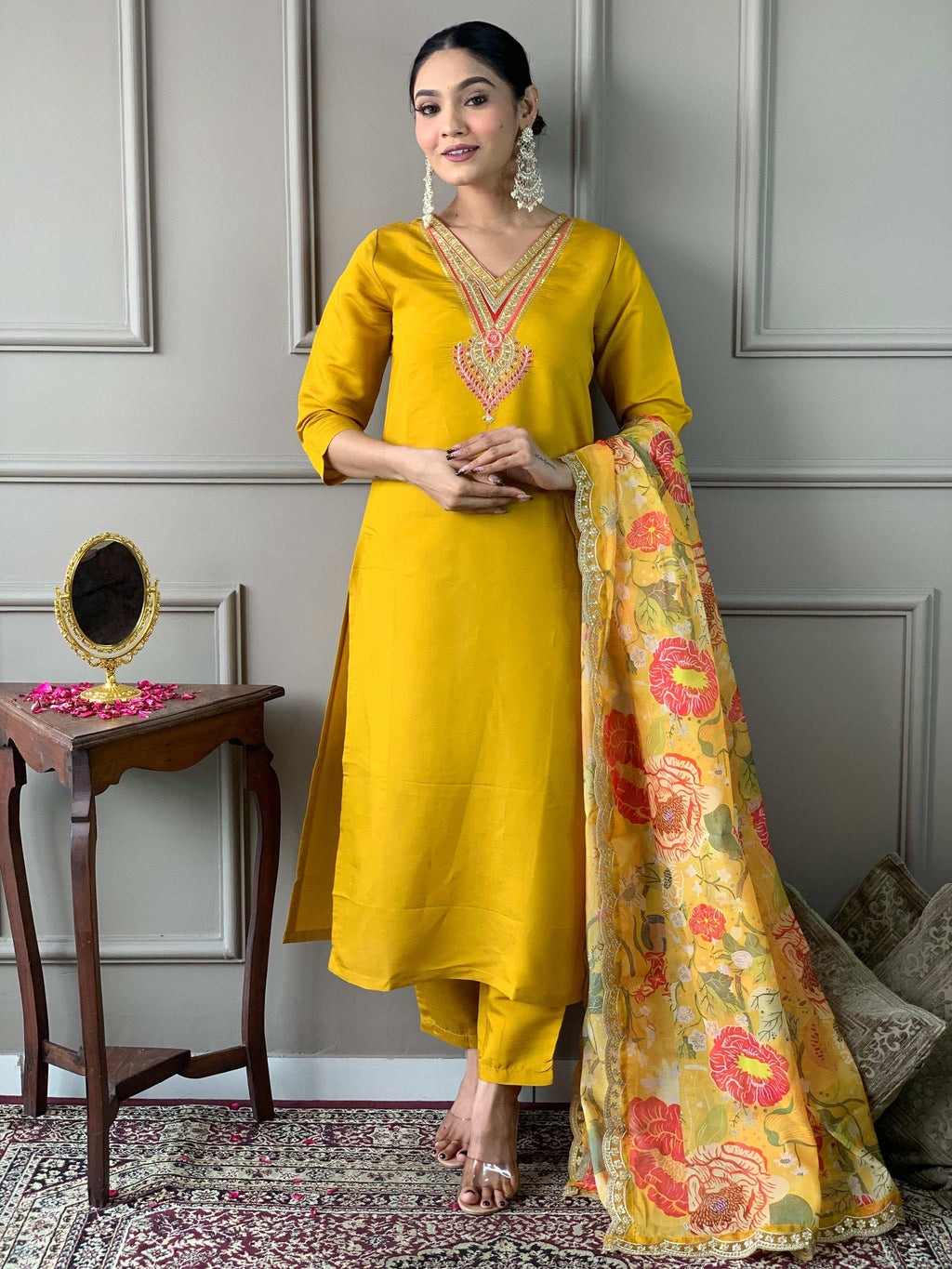 Teeya Creation Yellow Color Chanderi Silk Embroidery Work Fully Stitched Kurti Set | Grocsy