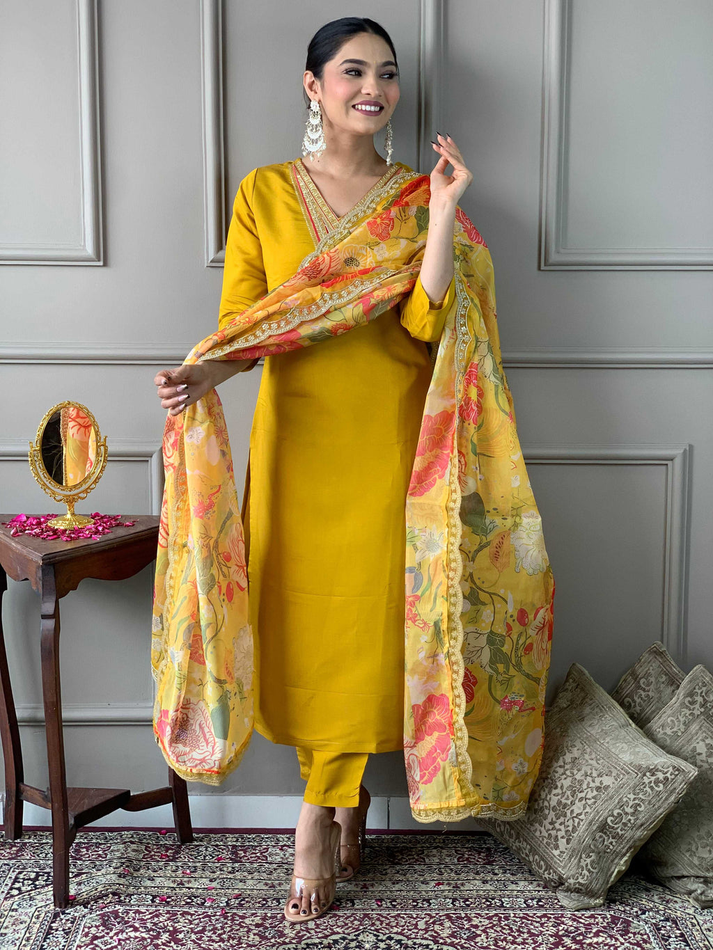 Teeya Creation Yellow Color Chanderi Silk Embroidery Work Fully Stitched Kurti Set | Grocsy