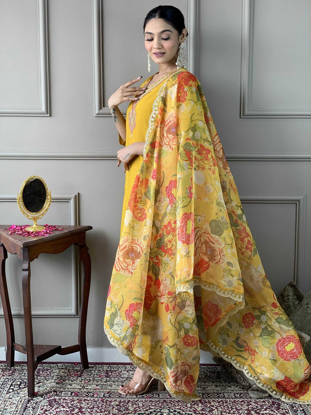 Teeya Creation Yellow Color Chanderi Silk Embroidery Work Fully Stitched Kurti Set | Grocsy