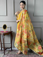 Teeya Creation Yellow Color Chanderi Silk Embroidery Work Fully Stitched Kurti Set | Grocsy