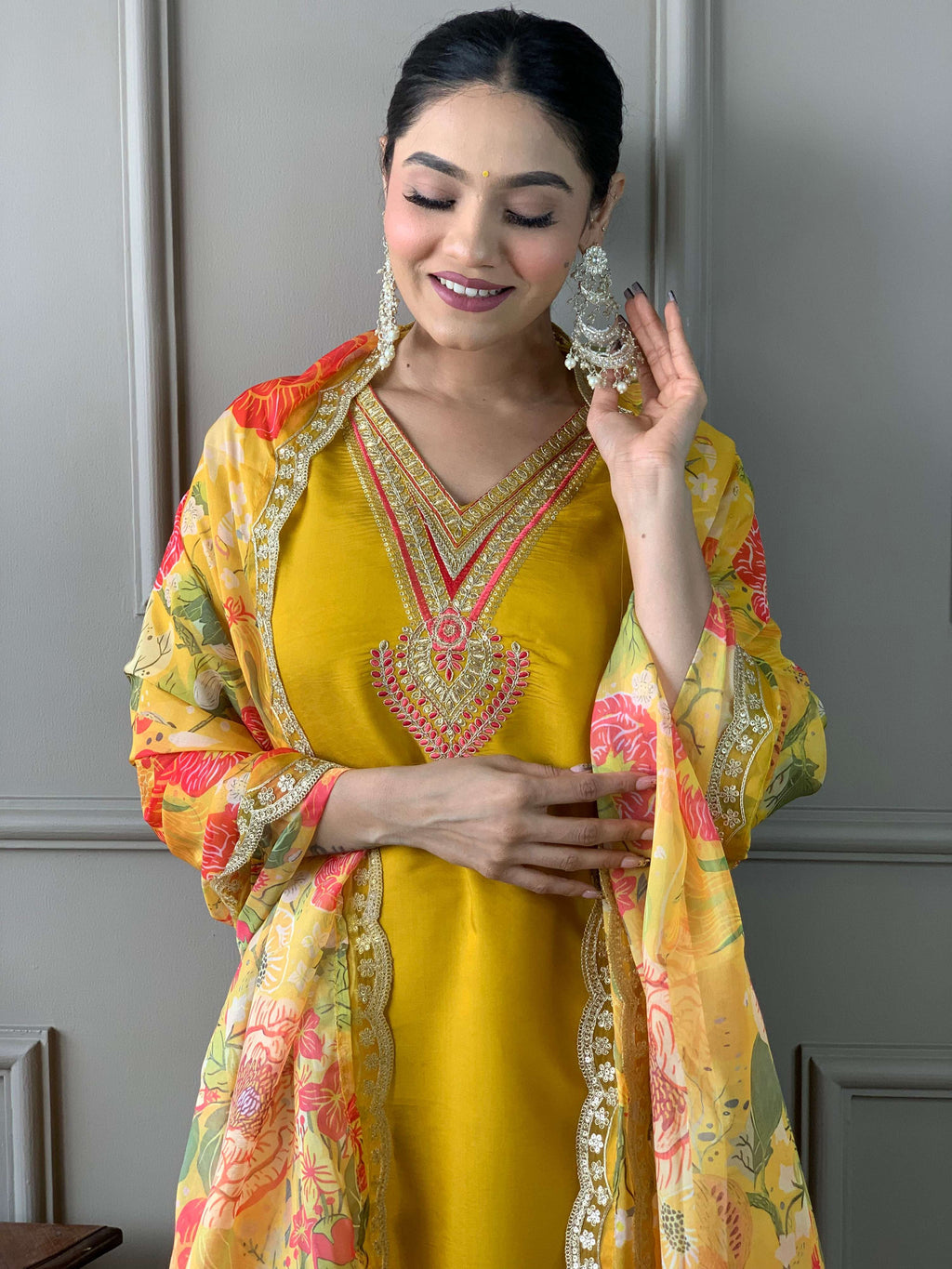 Teeya Creation Yellow Color Chanderi Silk Embroidery Work Fully Stitched Kurti Set | Grocsy