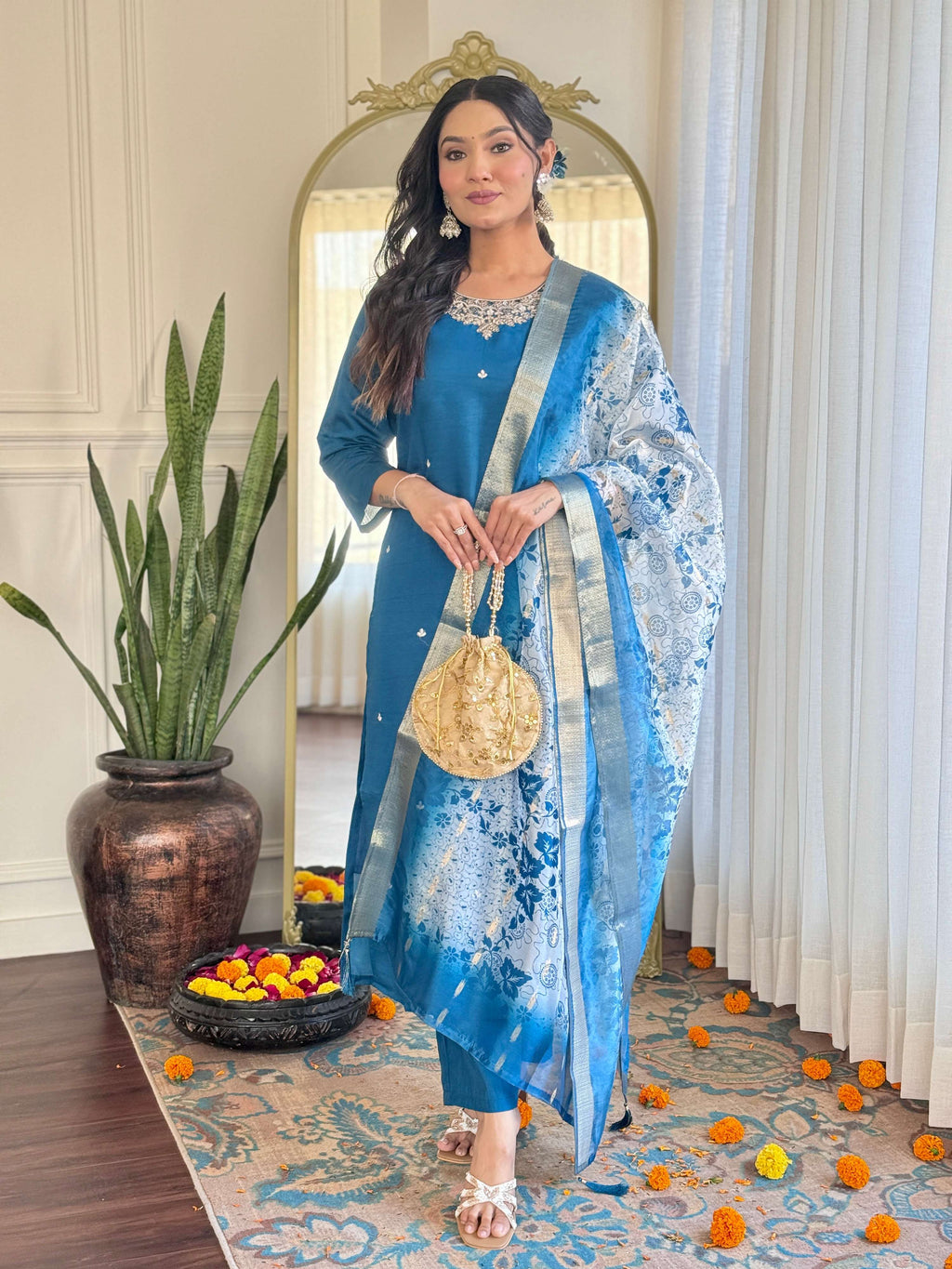 Teeya Creation Blue Color Roman Silk Embroidery Work Fully Stitched Kurti Set | Grocsy