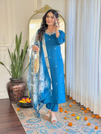 Teeya Creation Blue Color Roman Silk Embroidery Work Fully Stitched Kurti Set | Grocsy