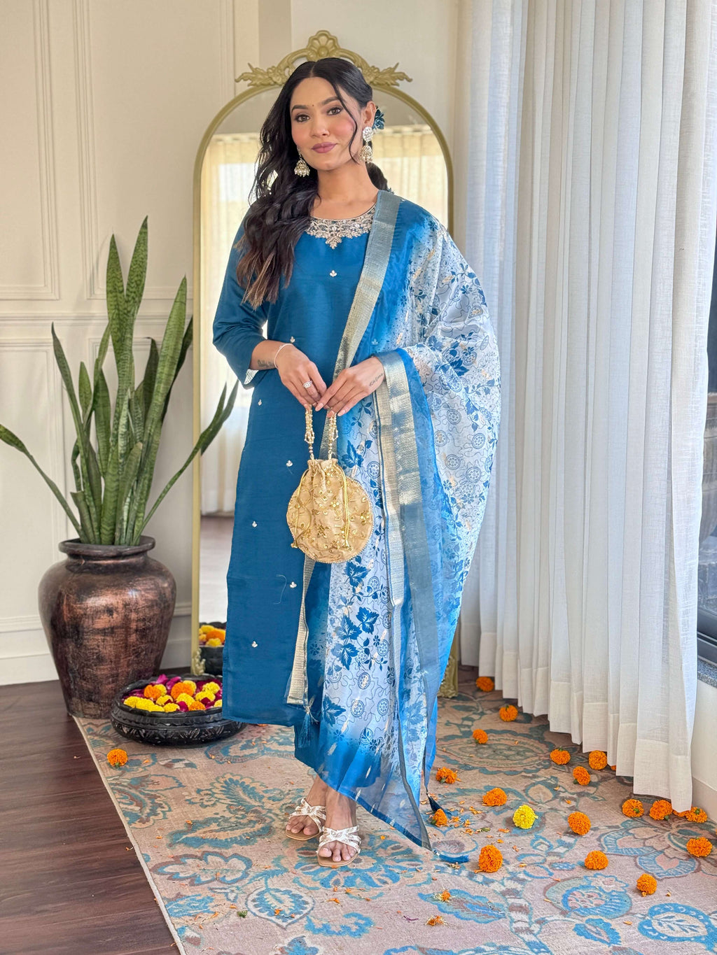 Teeya Creation Blue Color Roman Silk Embroidery Work Fully Stitched Kurti Set | Grocsy