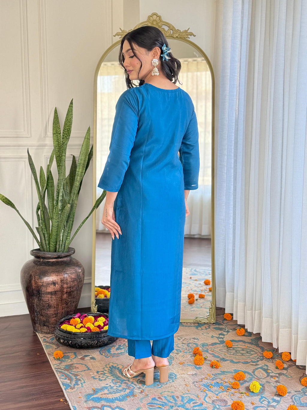 Teeya Creation Blue Color Roman Silk Embroidery Work Fully Stitched Kurti Set | Grocsy