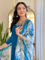 Teeya Creation Blue Color Roman Silk Embroidery Work Fully Stitched Kurti Set | Grocsy