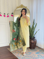 Teeya Creation Light Yellow Color Viscose Chanderi Embroidery Work Fully Stitched Kurti Set | Grocsy