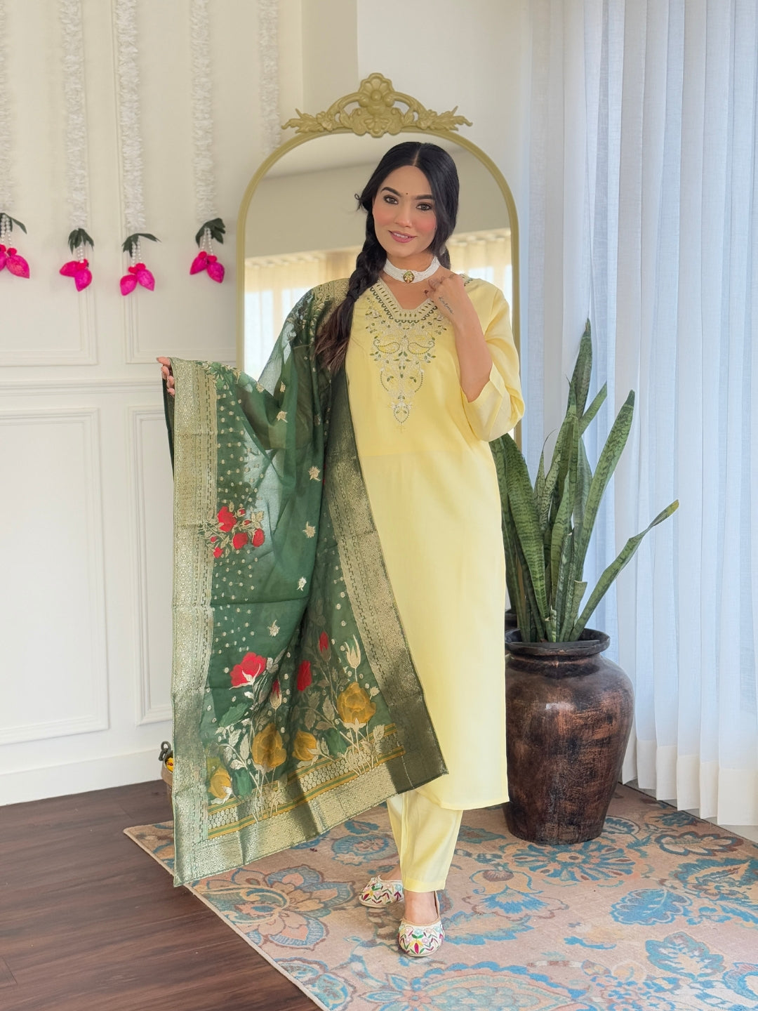 Teeya Creation Light Yellow Color Viscose Chanderi Embroidery Work Fully Stitched Kurti Set | Grocsy