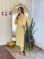 Teeya Creation Light Yellow Color Viscose Chanderi Embroidery Work Fully Stitched Kurti Set | Grocsy
