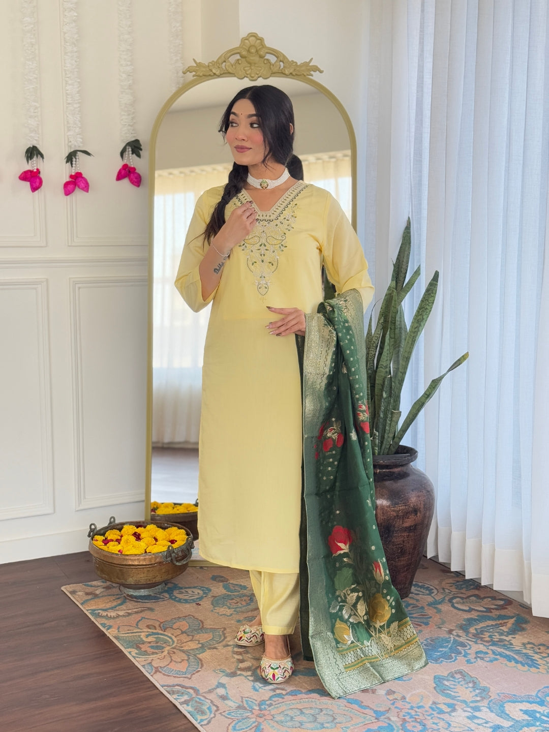 Teeya Creation Light Yellow Color Viscose Chanderi Embroidery Work Fully Stitched Kurti Set | Grocsy