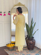 Teeya Creation Light Yellow Color Viscose Chanderi Embroidery Work Fully Stitched Kurti Set | Grocsy