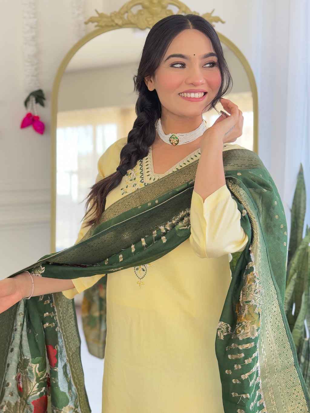 Teeya Creation Light Yellow Color Viscose Chanderi Embroidery Work Fully Stitched Kurti Set | Grocsy
