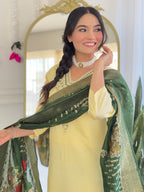 Teeya Creation Light Yellow Color Viscose Chanderi Embroidery Work Fully Stitched Kurti Set | Grocsy