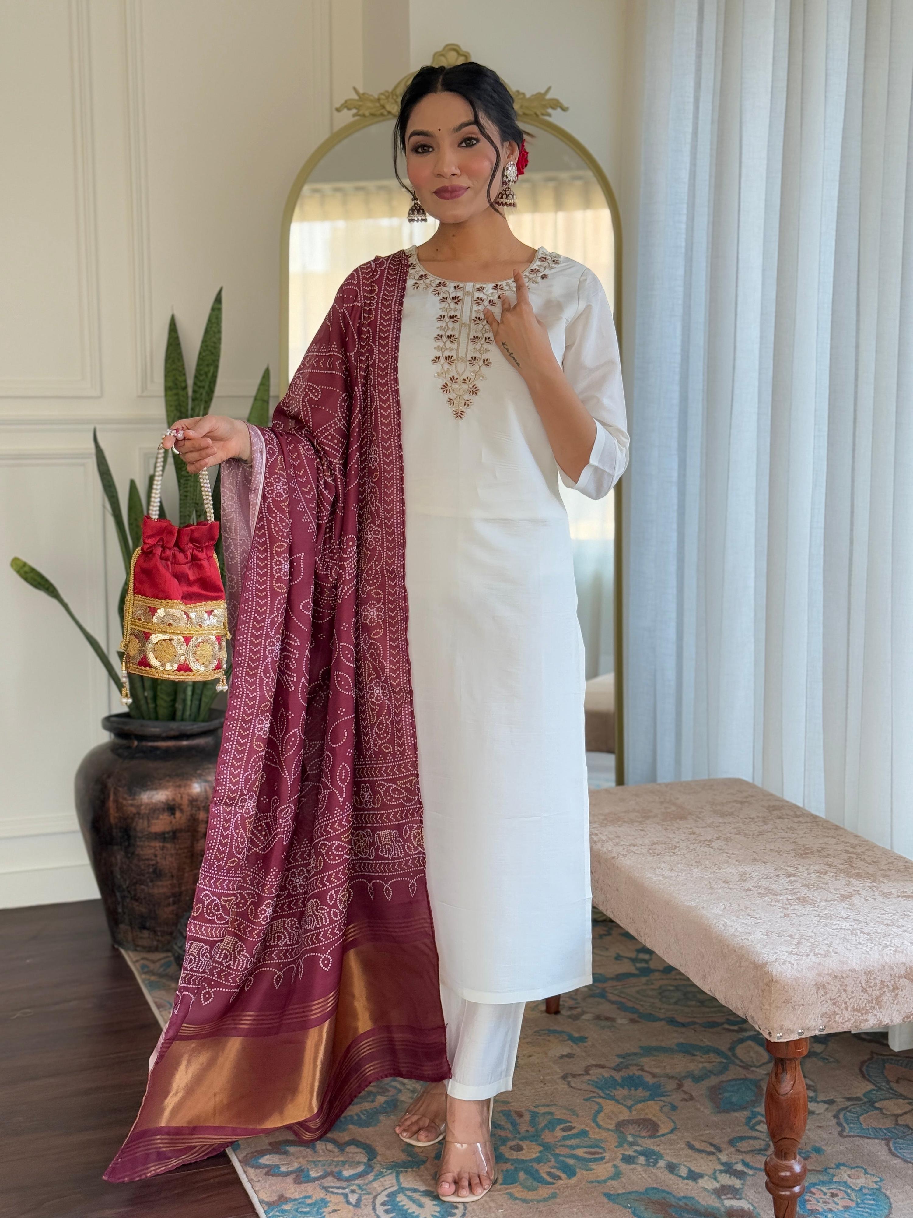 Teeya Creation White Color Roman Silk Embroidery Work Fully Stitched Kurti Set | Grocsy