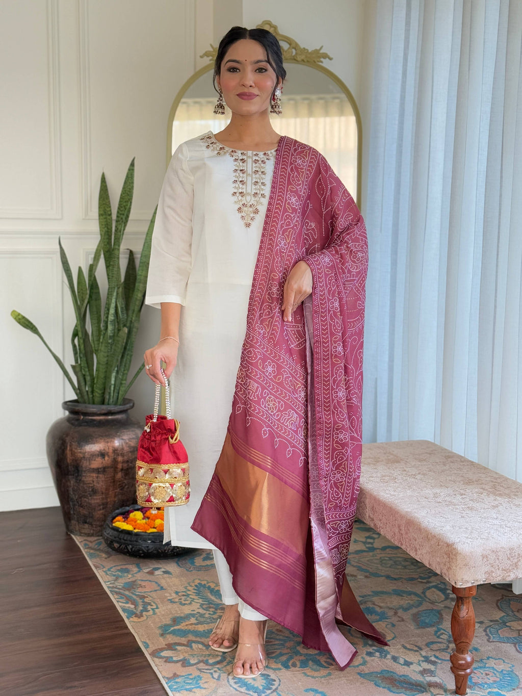 Teeya Creation White Color Roman Silk Embroidery Work Fully Stitched Kurti Set | Grocsy