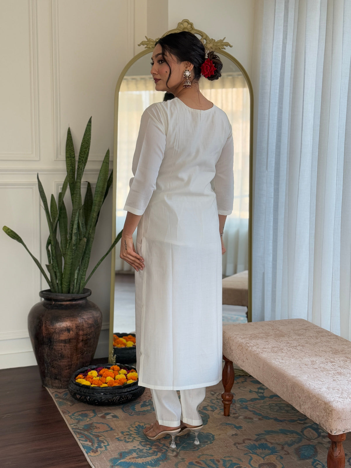 Teeya Creation White Color Roman Silk Embroidery Work Fully Stitched Kurti Set | Grocsy
