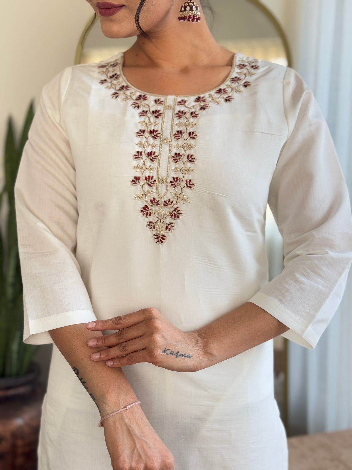 Teeya Creation White Color Roman Silk Embroidery Work Fully Stitched Kurti Set | Grocsy