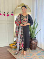 Teeya Creation Black Color Viscose Chanderi Embroidery Work Fully Stitched Kurti Set | Grocsy