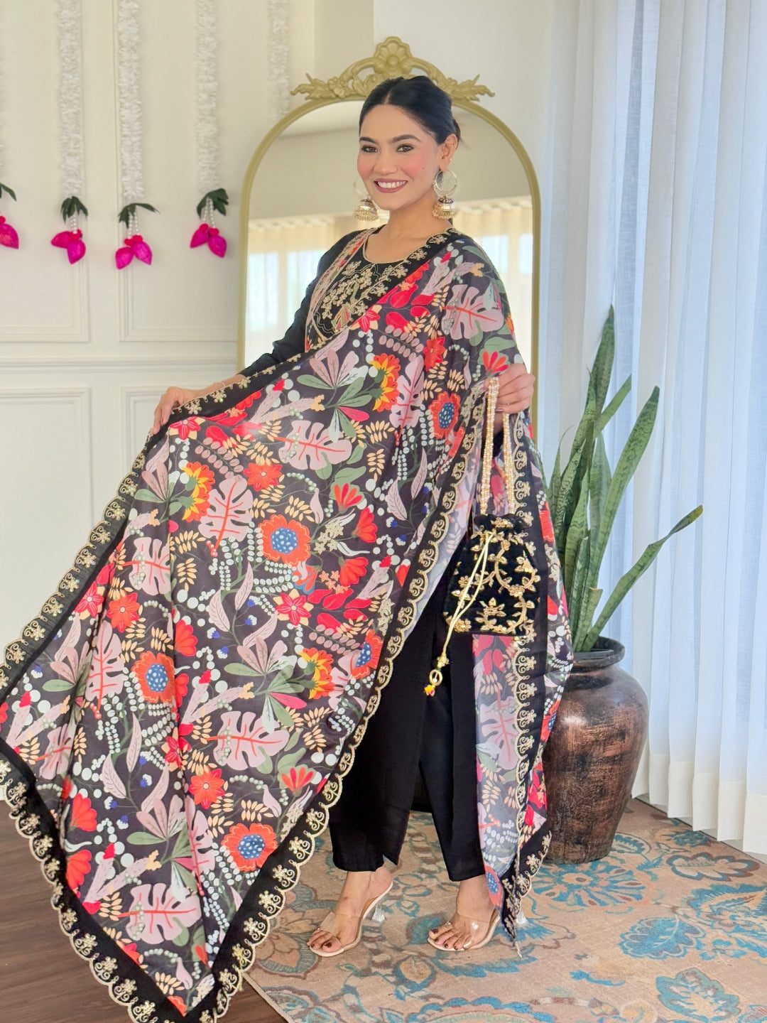 Teeya Creation Black Color Viscose Chanderi Embroidery Work Fully Stitched Kurti Set | Grocsy
