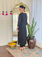 Teeya Creation Black Color Viscose Chanderi Embroidery Work Fully Stitched Kurti Set | Grocsy