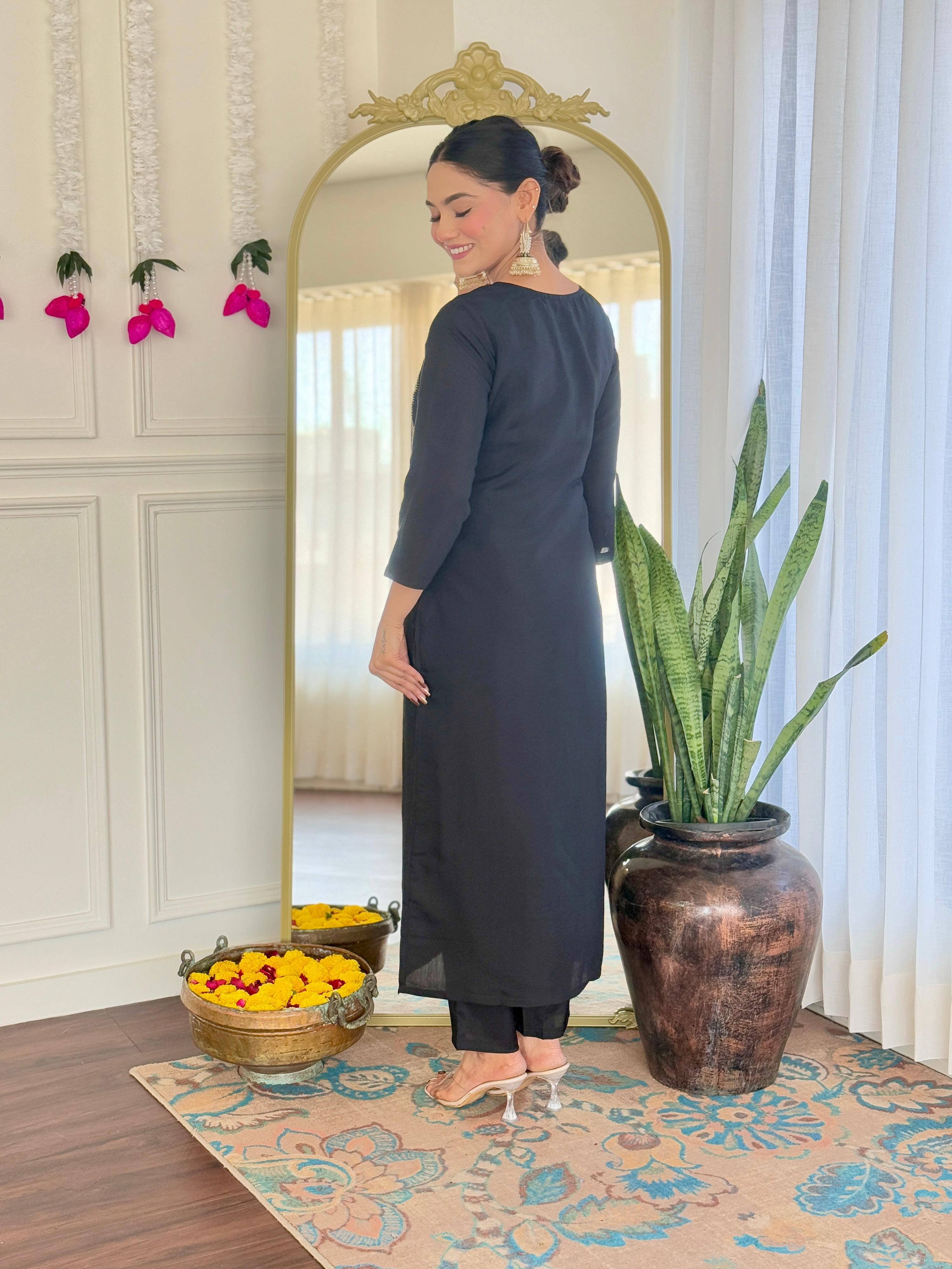 Teeya Creation Black Color Viscose Chanderi Embroidery Work Fully Stitched Kurti Set | Grocsy