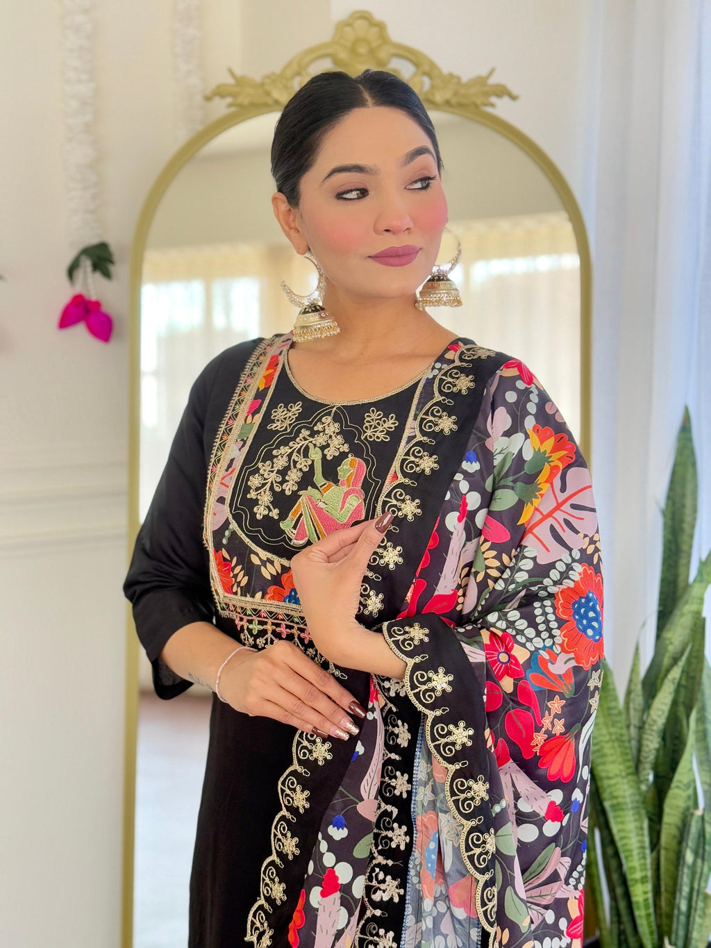 Teeya Creation Black Color Viscose Chanderi Embroidery Work Fully Stitched Kurti Set | Grocsy