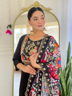 Teeya Creation Black Color Viscose Chanderi Embroidery Work Fully Stitched Kurti Set | Grocsy