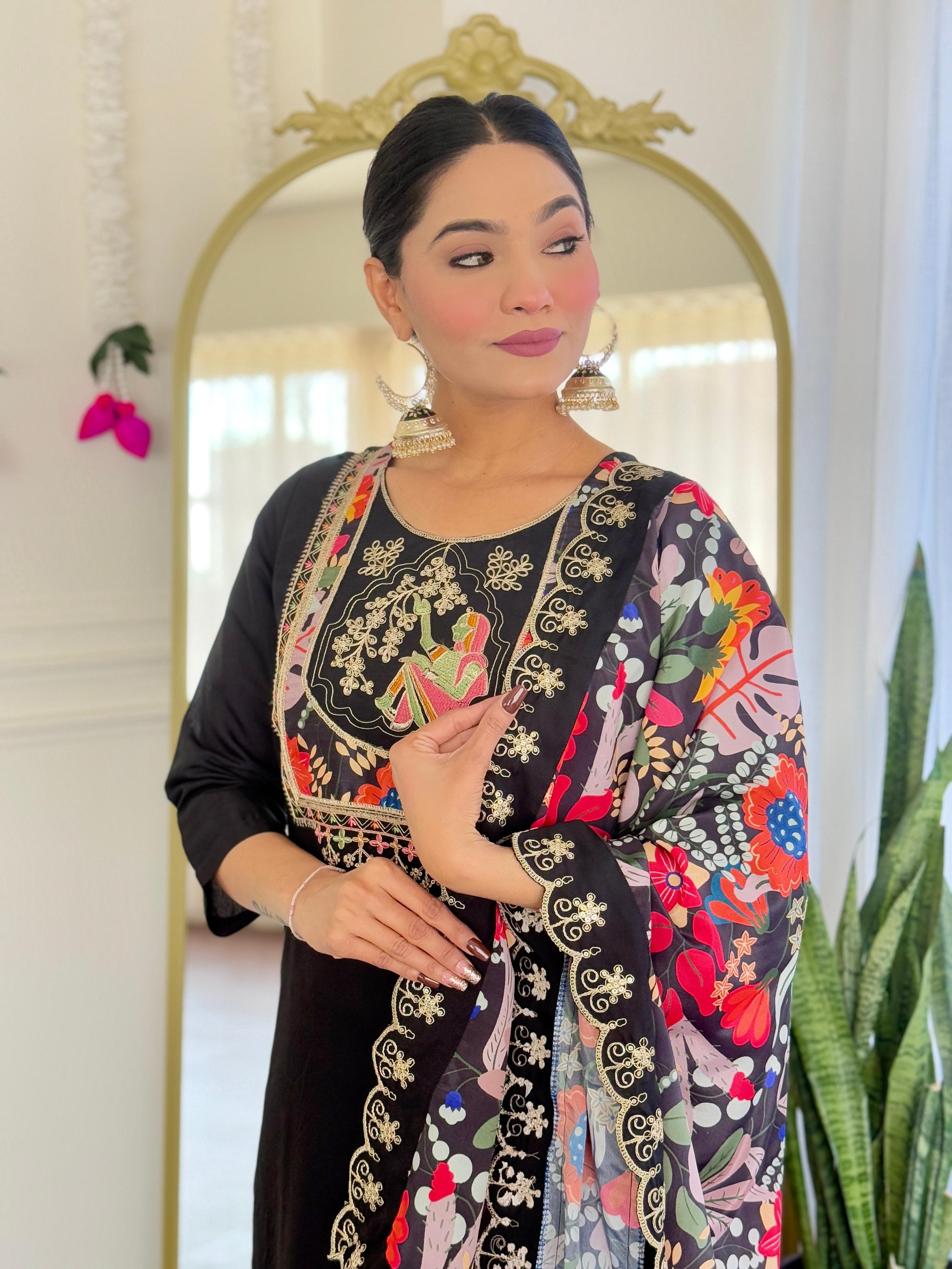 Teeya Creation Black Color Viscose Chanderi Embroidery Work Fully Stitched Kurti Set | Grocsy
